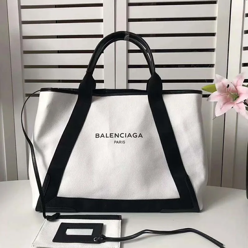 Balenciaga Navy Cabas M Cotton Canvas and Calfskin Tote for Women