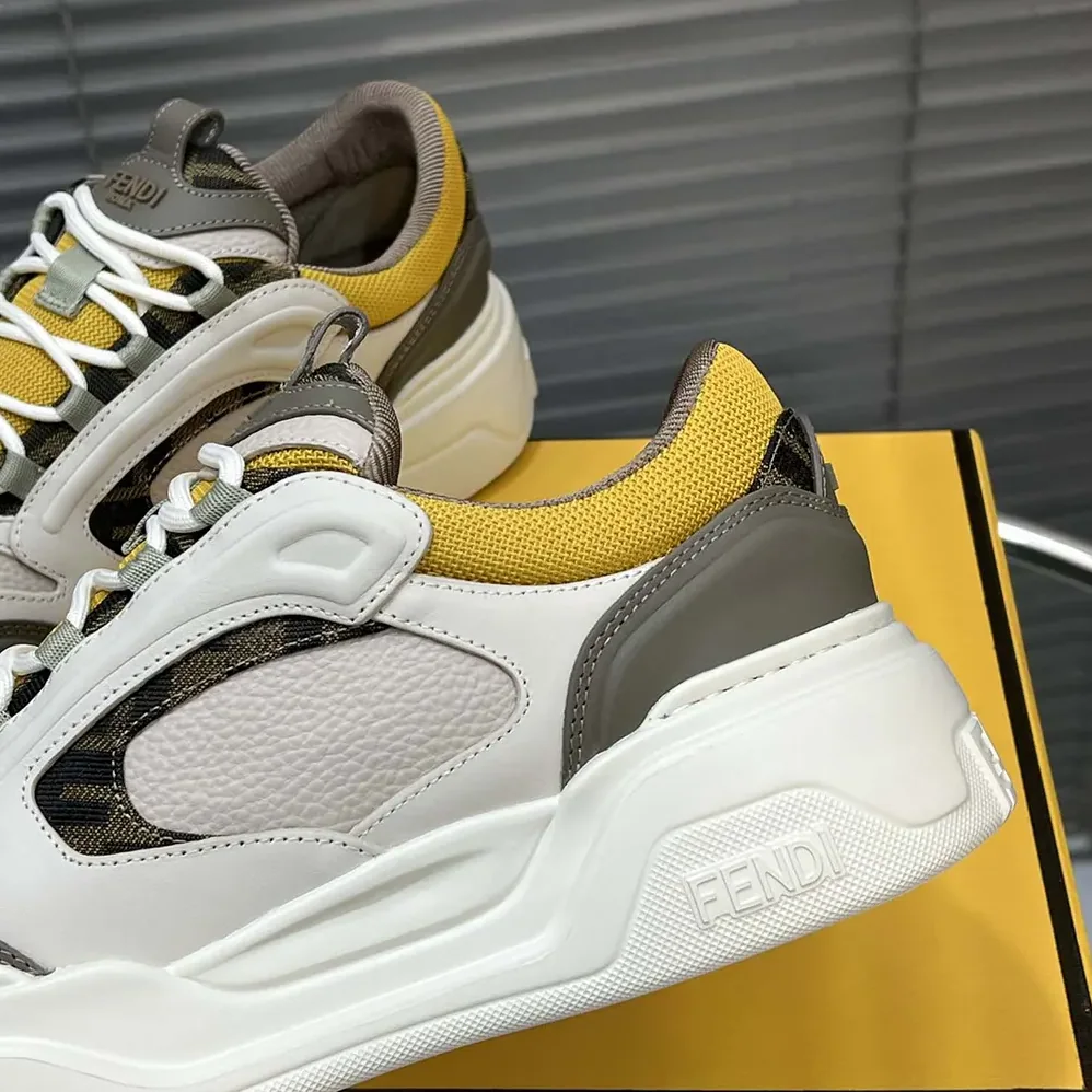 Fendi Fendi Force Sneakers White Brown and Yellow Leather Low for Unisex in tops