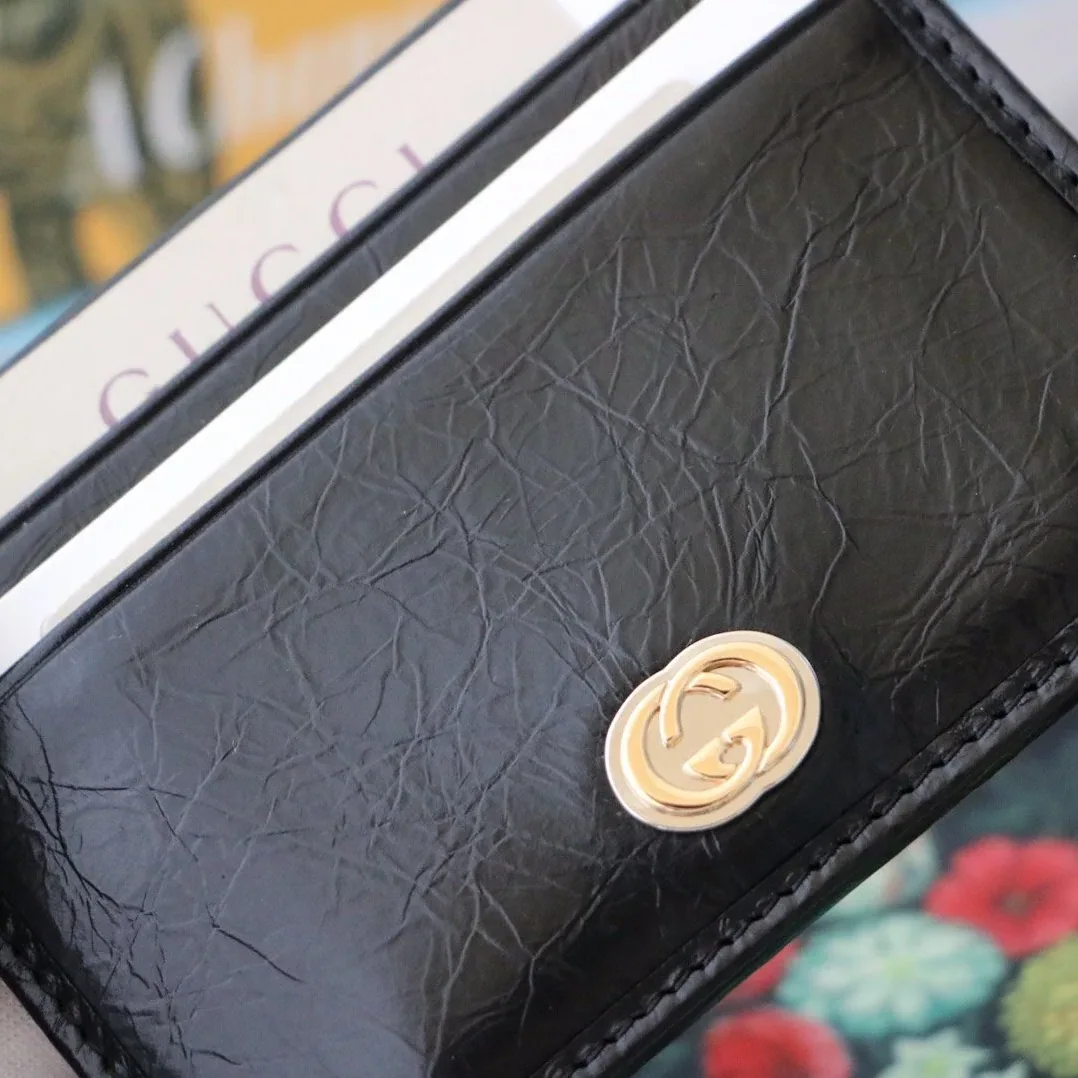 Gucci Card Case with Gold Interlocking G Plain Black / Gucci Card Case with Gold Interlocking G Plain Black /