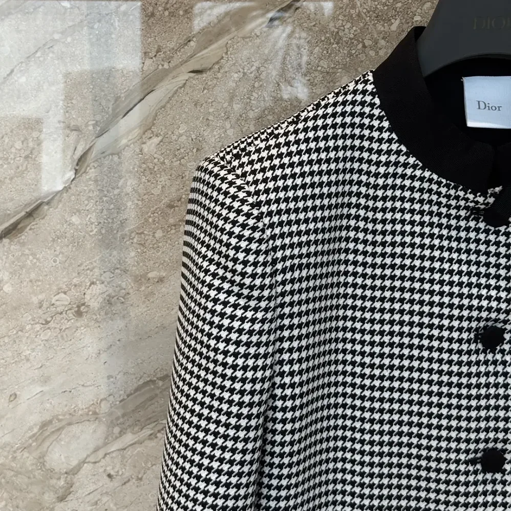Dior Cropped Jacket Black and White Houndstooth Virgin Wool Blend for Women