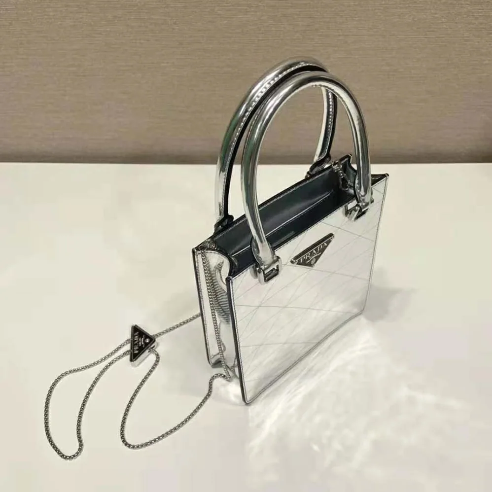 Prada Small Metallic Leather Tote Bag for Women in Silver Prada Small Metallic Leather Tote Bag for Women in Silver