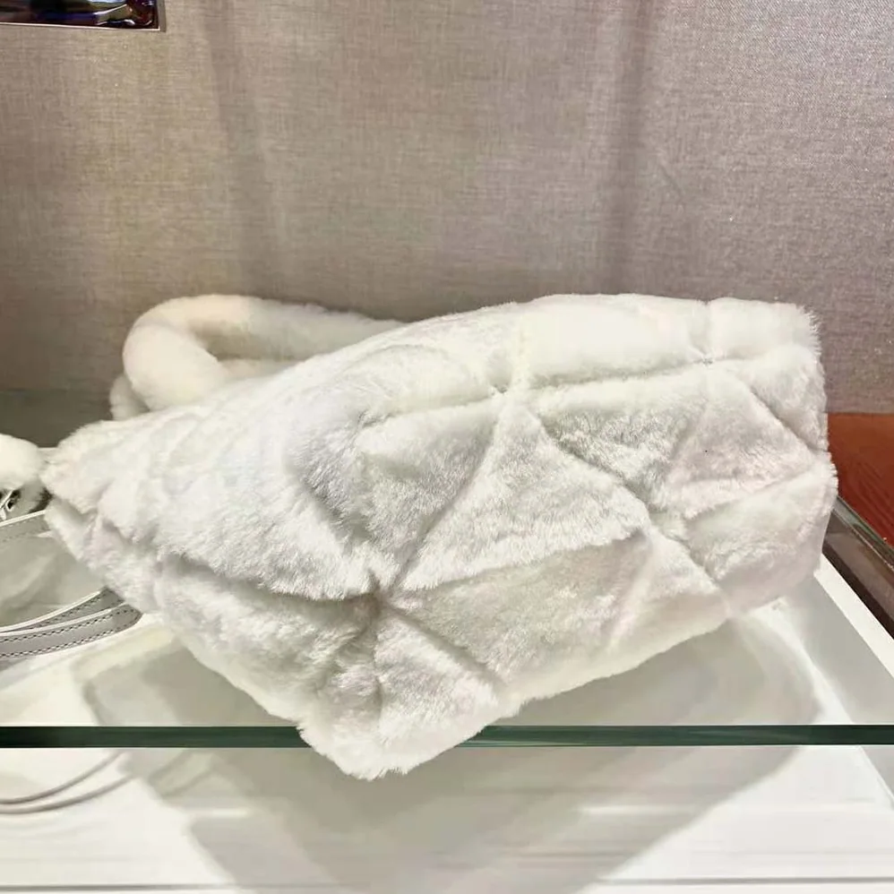 Prada Iconic Triangle Logo Soft Shearling Tote for Women in White Prada Iconic Triangle Logo Soft Shearling Tote for Women in White