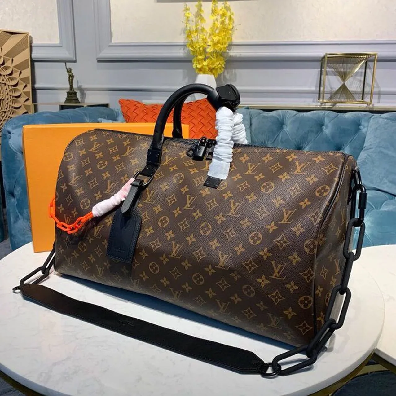Louis Vuitton Keepall Bandouliere 50 Travel Bag / Black in Orange Monogram Black Hardware Louis Vuitton Keepall Bandouliere 50 Travel Bag / Black in Orange Monogram Black Hardware