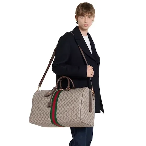 Gucci Savoy Large Duffle Travel Bag / Beige/ Dark Brown Gold Hardware
