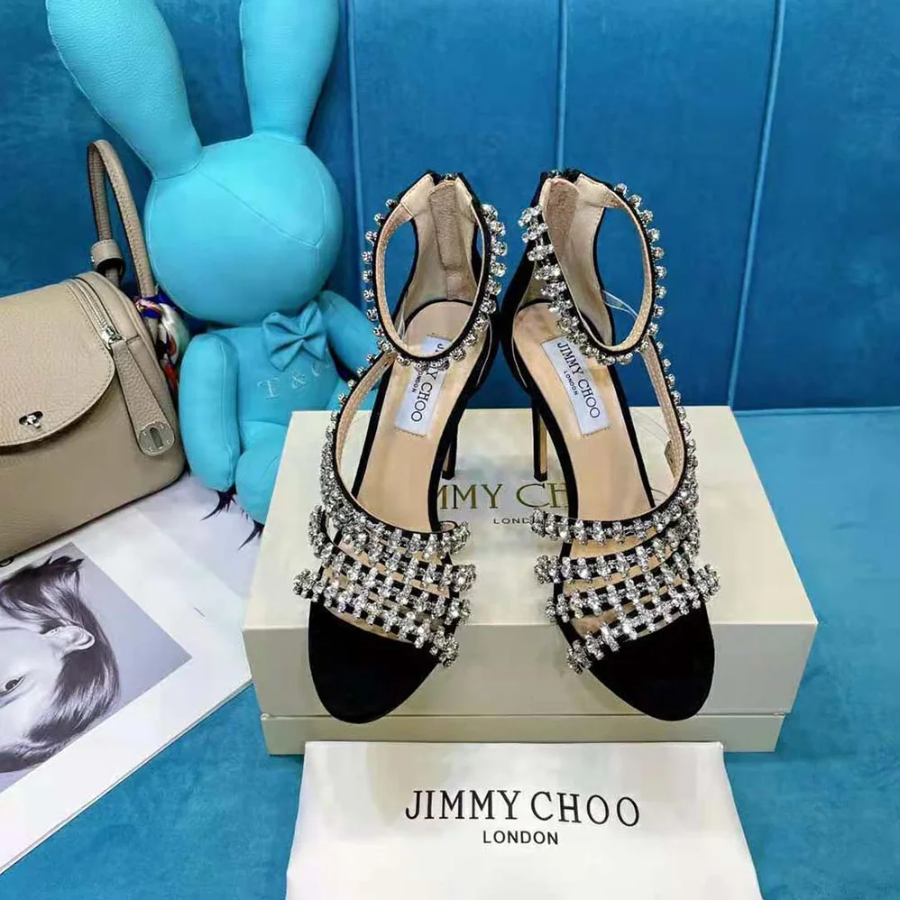 Jimmy Choo Josefine 100 Black Suede Sandals with Crystal Embellishment for Women Jimmy Choo Josefine 100 Black Suede Sandals with Crystal Embellishment for Women