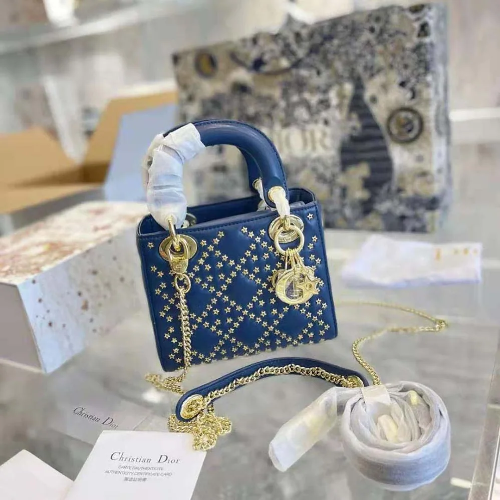 Dior Mini Lady Dior Bag Denim Blue Lucky Star Cannage Lambskin for Women