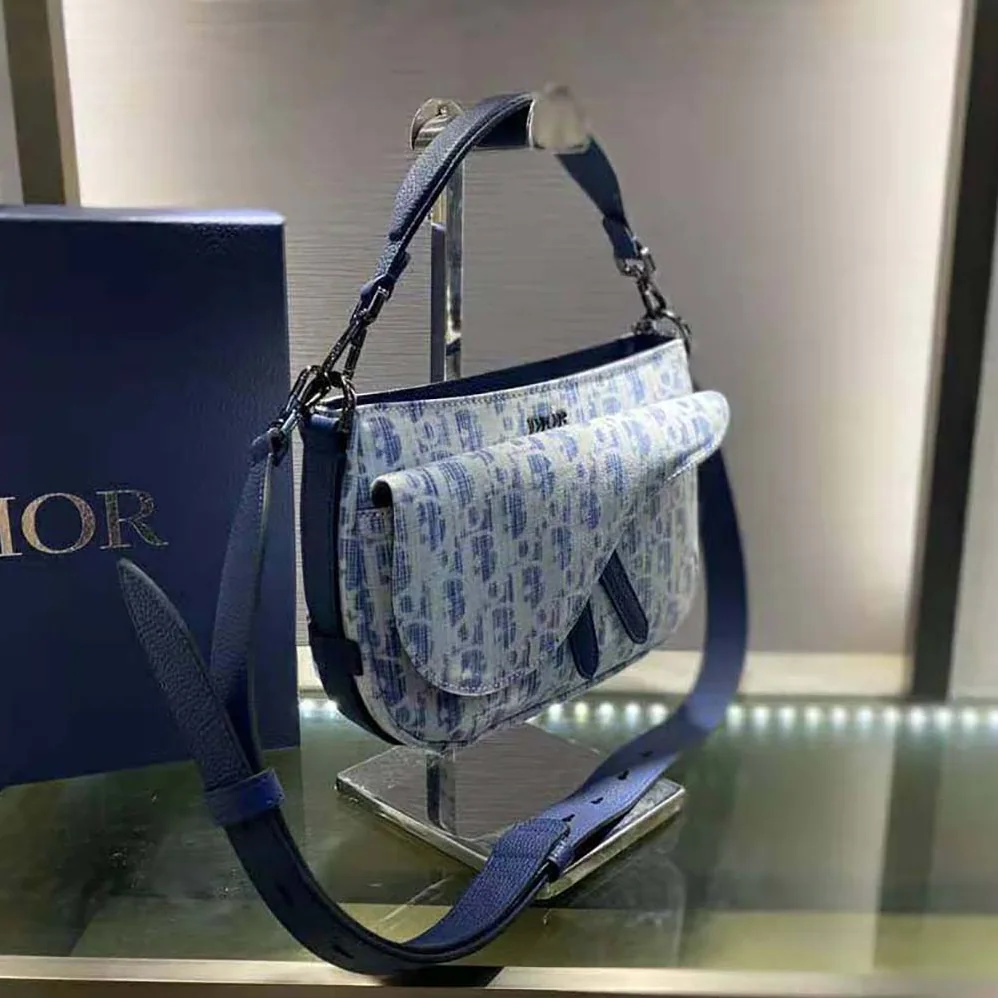 Dior Mini Saddle Soft Bag Blue Dior Oblique Kasuri jacquard for Men