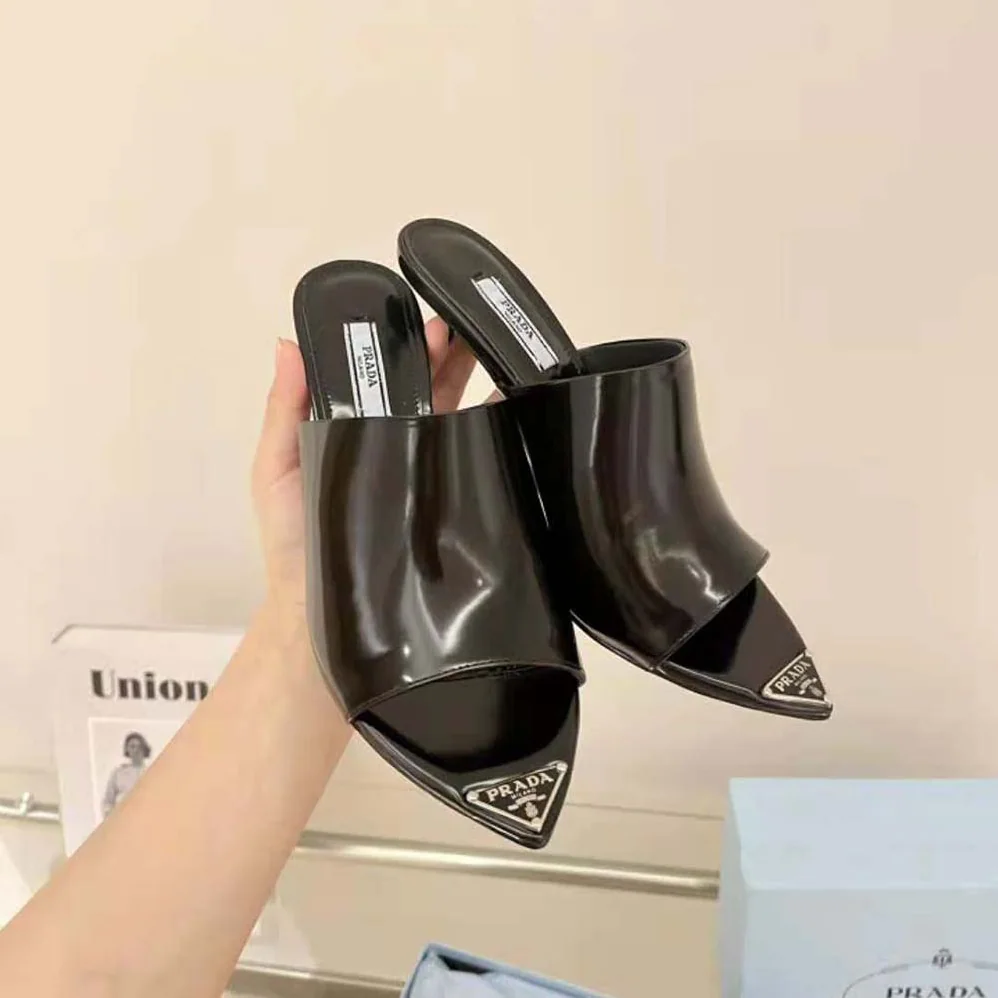 Prada Brushed Leather High-Heel Slides in 75mm Heel Height for Women