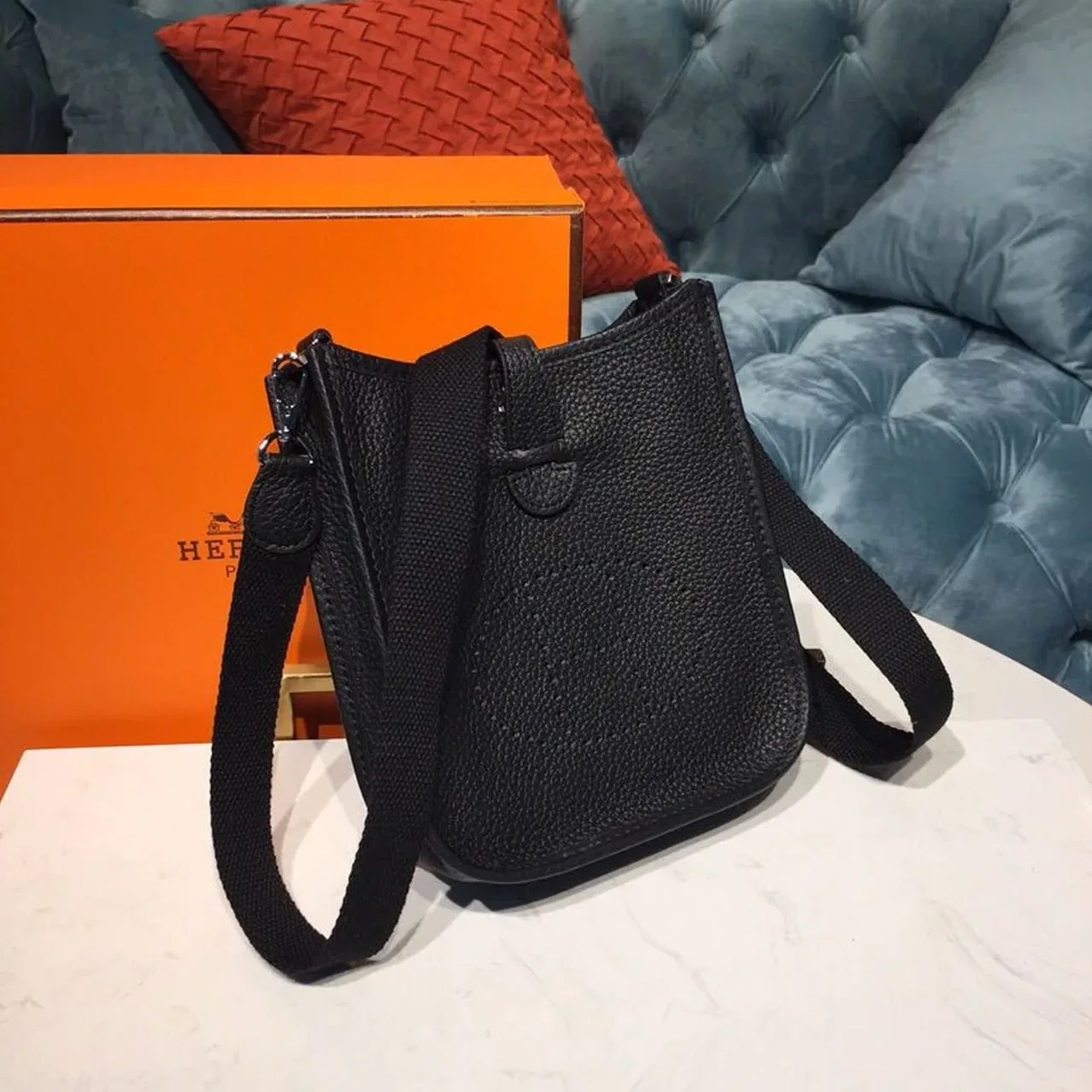 Hermes Evelyne II TPM Bag Black Silver Toned Hardware /