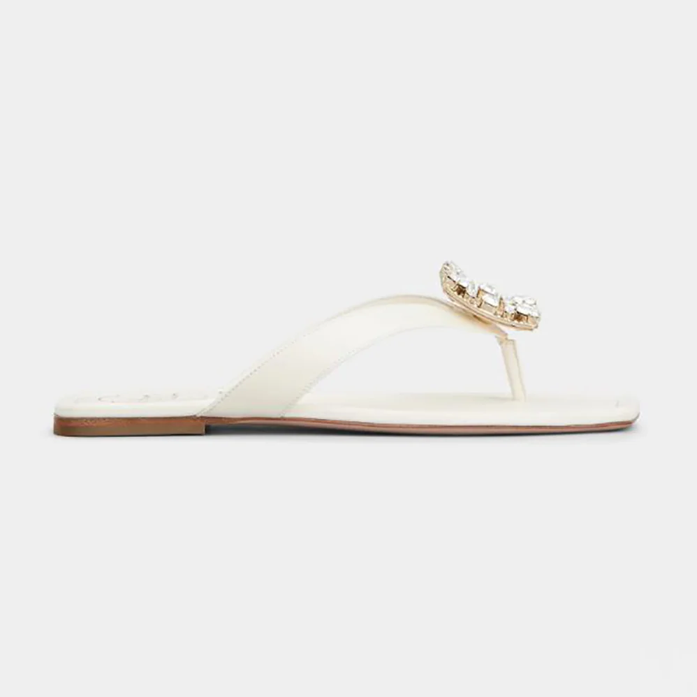 Roger Vivier Mini Broche Vivier Buckle Thong Mules in Leather for Women in White Roger Vivier Mini Broche Vivier Buckle Thong Mules in Leather for Women in White