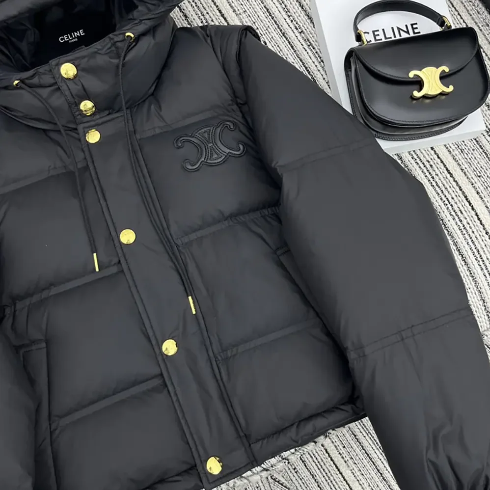 Celine Triomphe Cropped Down Jacket in Lightweight Nylon for Women in Black