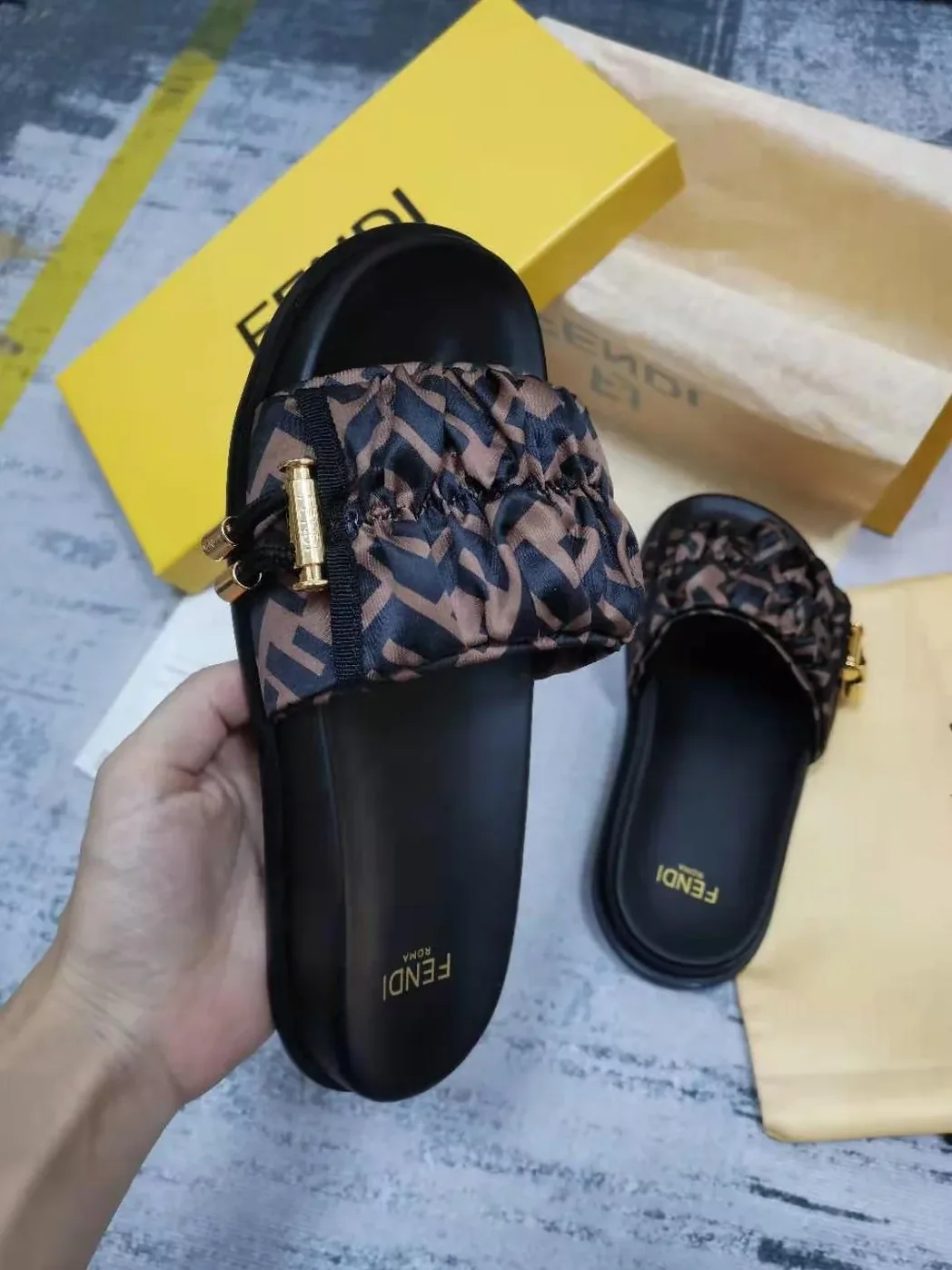Fendi Feel Brown Satin Slides 8X8142AE7SF0R7V Fendi Feel Brown Satin Slides 8X8142AE7SF0R7V