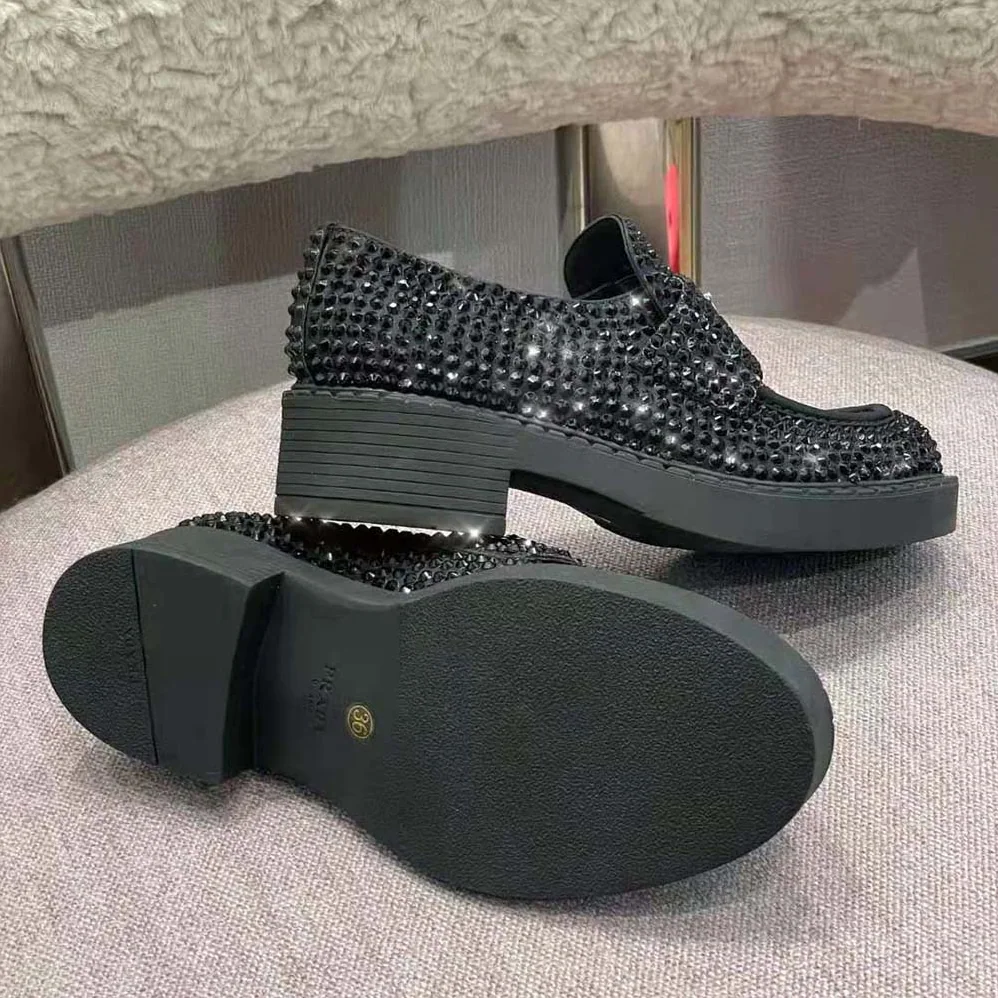 Prada Chocolate Satin Loafers with Crystals for Women in Black Prada Chocolate Satin Loafers with Crystals for Women in Black