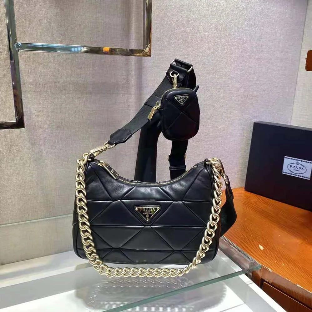 Prada System Nappa Leather Patchwork Shoulder Bag for Women in Black Prada System Nappa Leather Patchwork Shoulder Bag for Women in Black