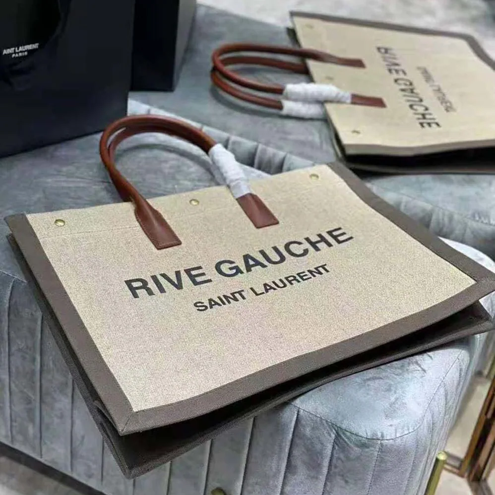 Saint Laurent YSL Rive Gauche Tote Bag in Printed Linen and Leather for Women Saint Laurent YSL Rive Gauche Tote Bag in Printed Linen and Leather for Women