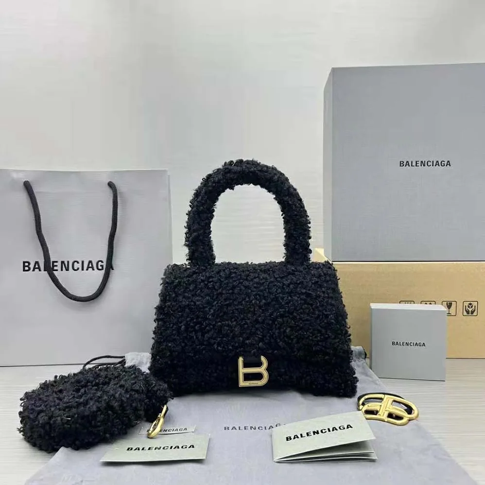Balenciaga Furry Hourglass Small Handbag with Strap in Black for Women Balenciaga Furry Hourglass Small Handbag with Strap in Black for Women