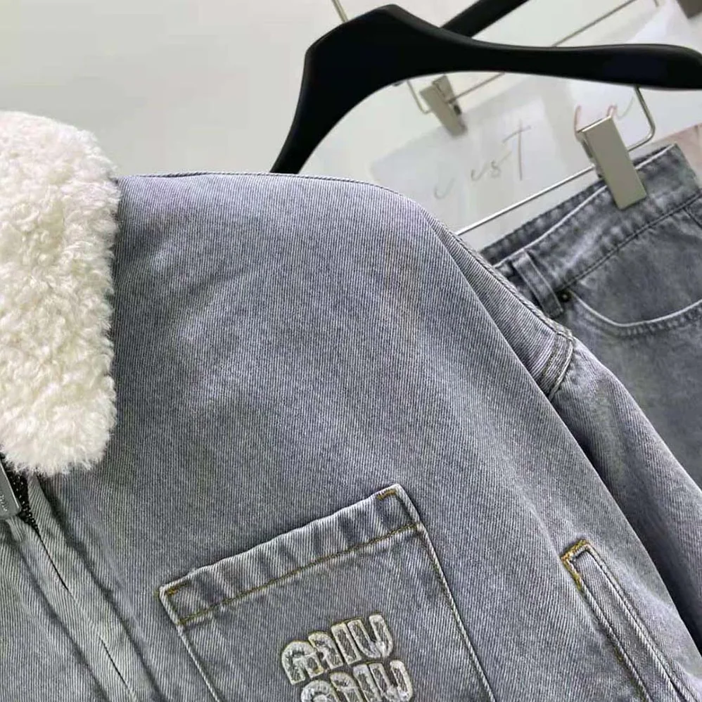 Miu Miu Embroidered Denim Blouson Jacket with Embroidered Logo for Women