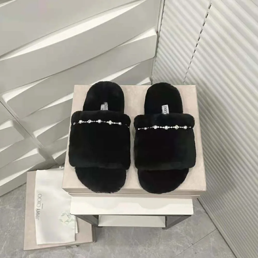 Jimmy Choo Acinda Slipper Black Shearling Slippers with Crystal and Pearl Detailing for Women