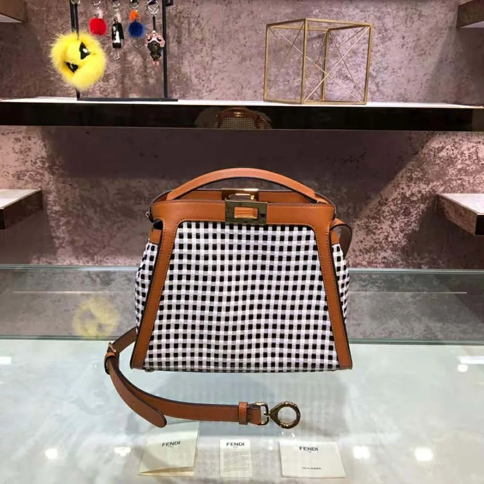 Fendi Peekaboo Iconic Essentially Check Interlace Bag for Women in Brown Fendi Peekaboo Iconic Essentially Check Interlace Bag for Women in Brown