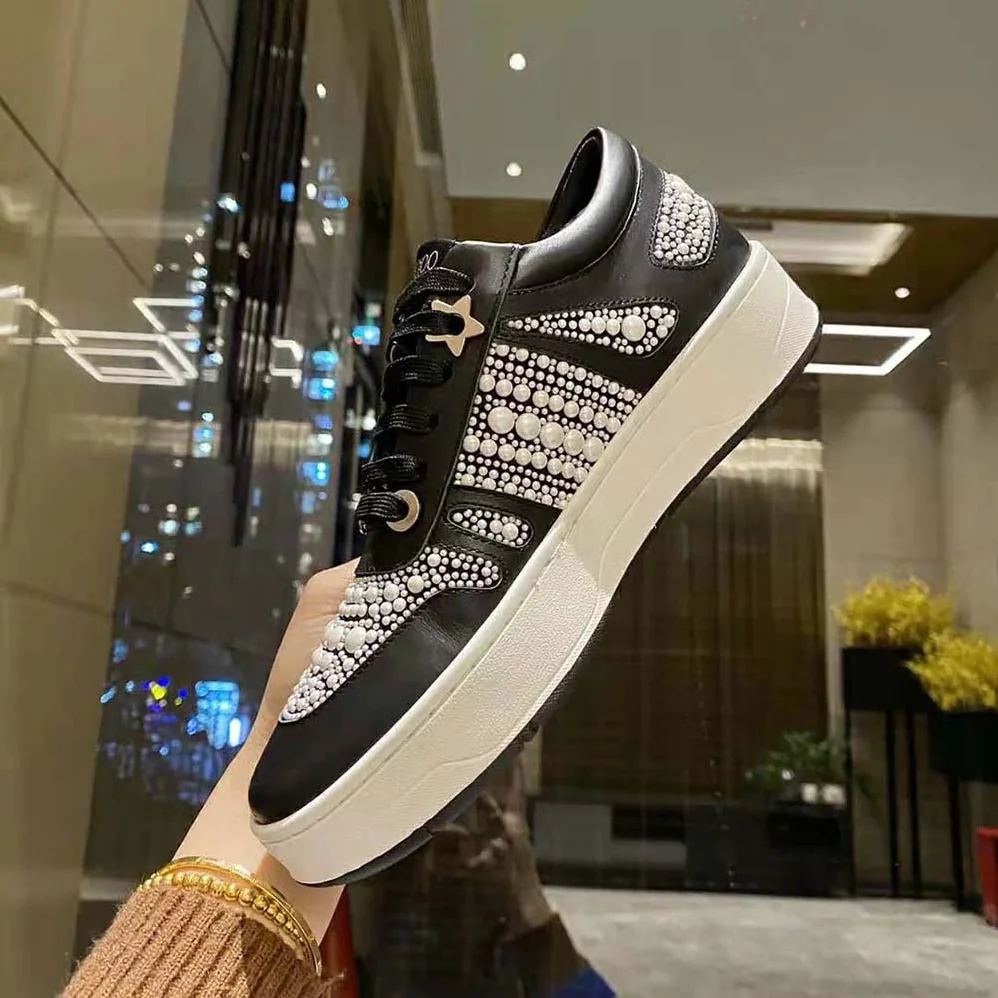 Jimmy Choo Hawaii/F Black Calf Leather and Canvas Low Top Trainers for Women