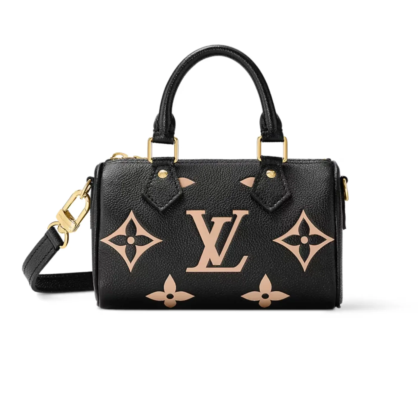 Louis Vuitton Nano Speedy Top Handle Bag / Black/ Beige Monogram Empreinte Gold Hardware