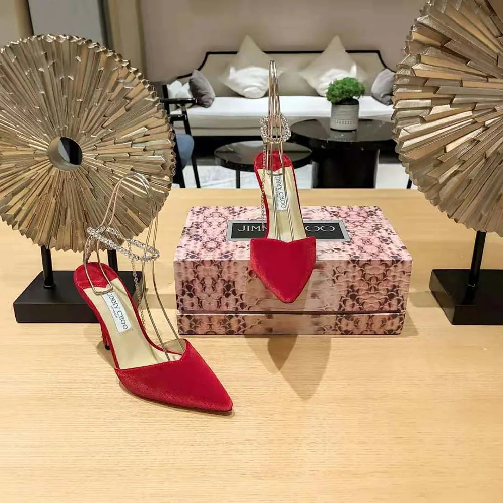 Jimmy Choo Saeda 85 Red Velvet Pumps with Crystal Embellishment for Women Jimmy Choo Saeda 85 Red Velvet Pumps with Crystal Embellishment for Women