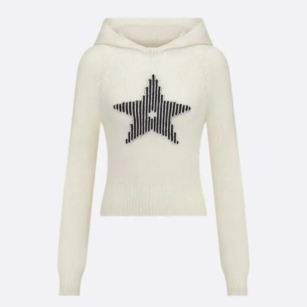 Dior DiorAlps Hooded Sweater White Wool and Cashmere Knit with Navy Blue Dior Star Motif for Women