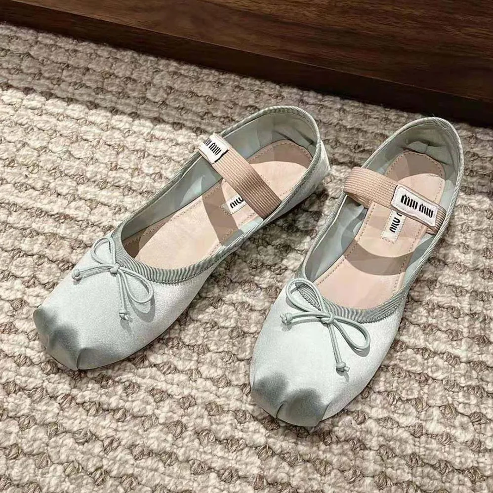 Miu Miu Satin Ballerinas with Knit Logo Label for Women in Blue Miu Miu Satin Ballerinas with Knit Logo Label for Women in Blue