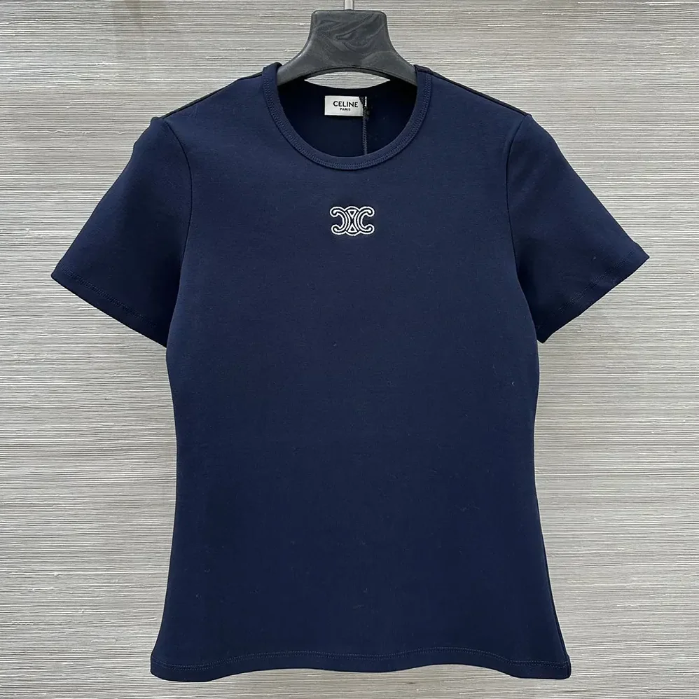 Celine Triomphe T-Shirt In Ribbed Cotton Jersey for Women in Navy