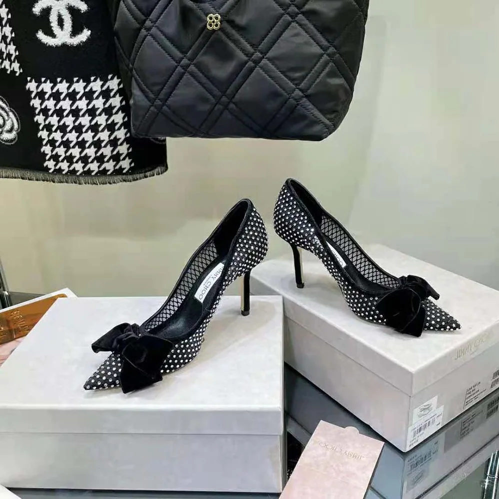 Jimmy Choo Love 100 Black Crystal Mesh Pumps with Bow for Women Jimmy Choo Love 100 Black Crystal Mesh Pumps with Bow for Women
