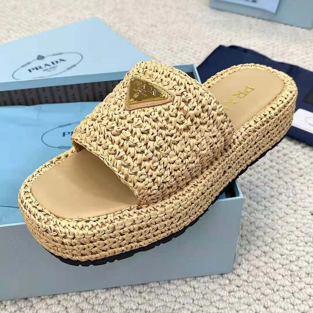 Prada Crochet Flatform Slides with Enameled Metal Triangle Logo for Women in Beige Prada Crochet Flatform Slides with Enameled Metal Triangle Logo for Women in Beige