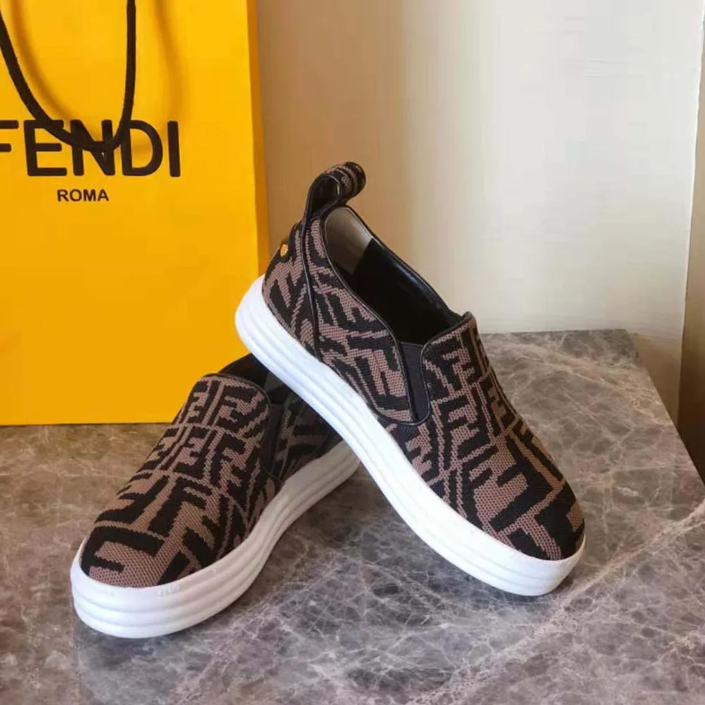 Fendi Rise Brown Fabric Slip Ons for Women