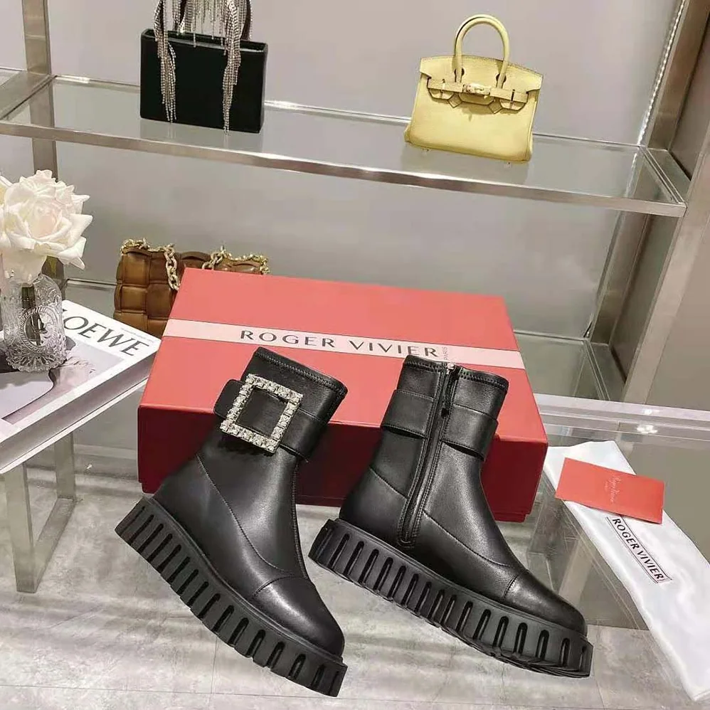 Roger Vivier Viv' Go-Thick Rhinestone Buckle Stretch Ankle Boots in Soft Leather for Women Roger Vivier Viv' Go-Thick Rhinestone Buckle Stretch Ankle Boots in Soft Leather for Women