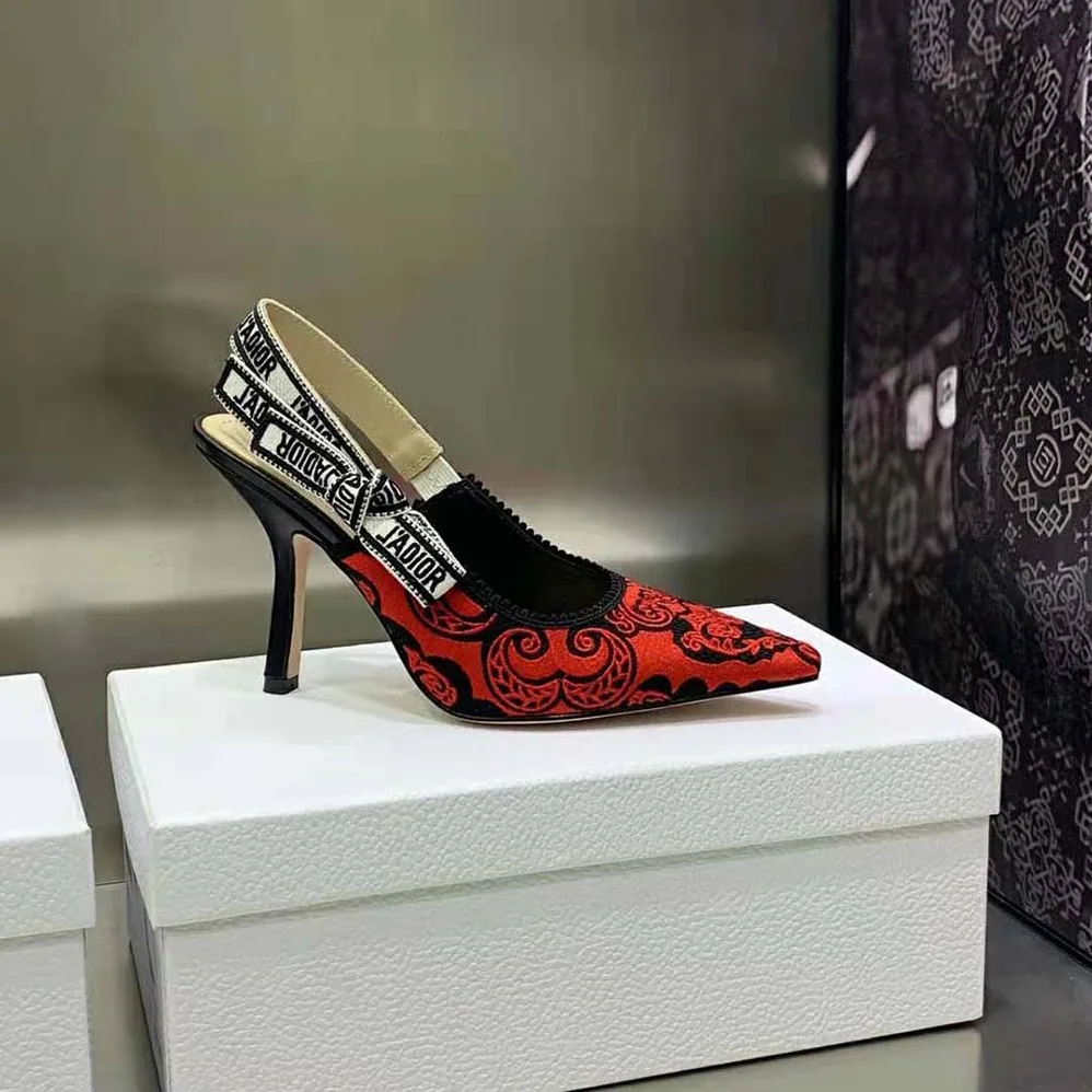 Dior J'Adior Slingback Pump Black and Red Cotton with Dior Bandana Embroidery for Women Dior J'Adior Slingback Pump Black and Red Cotton with Dior Bandana Embroidery for Women