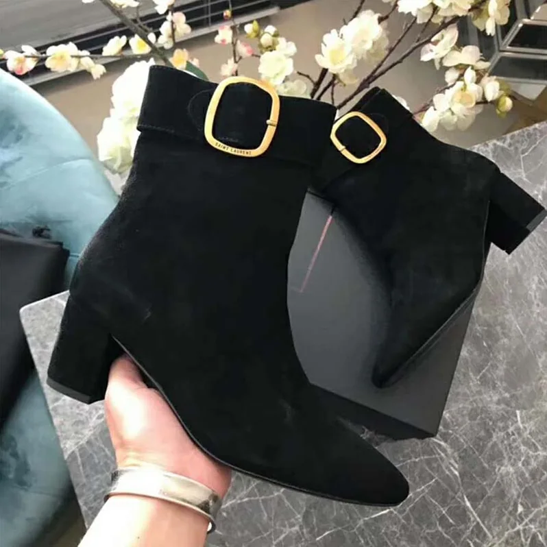 Saint Laurent YSL Shoes Joplin Buckle Bootie in Suede for Women in Black