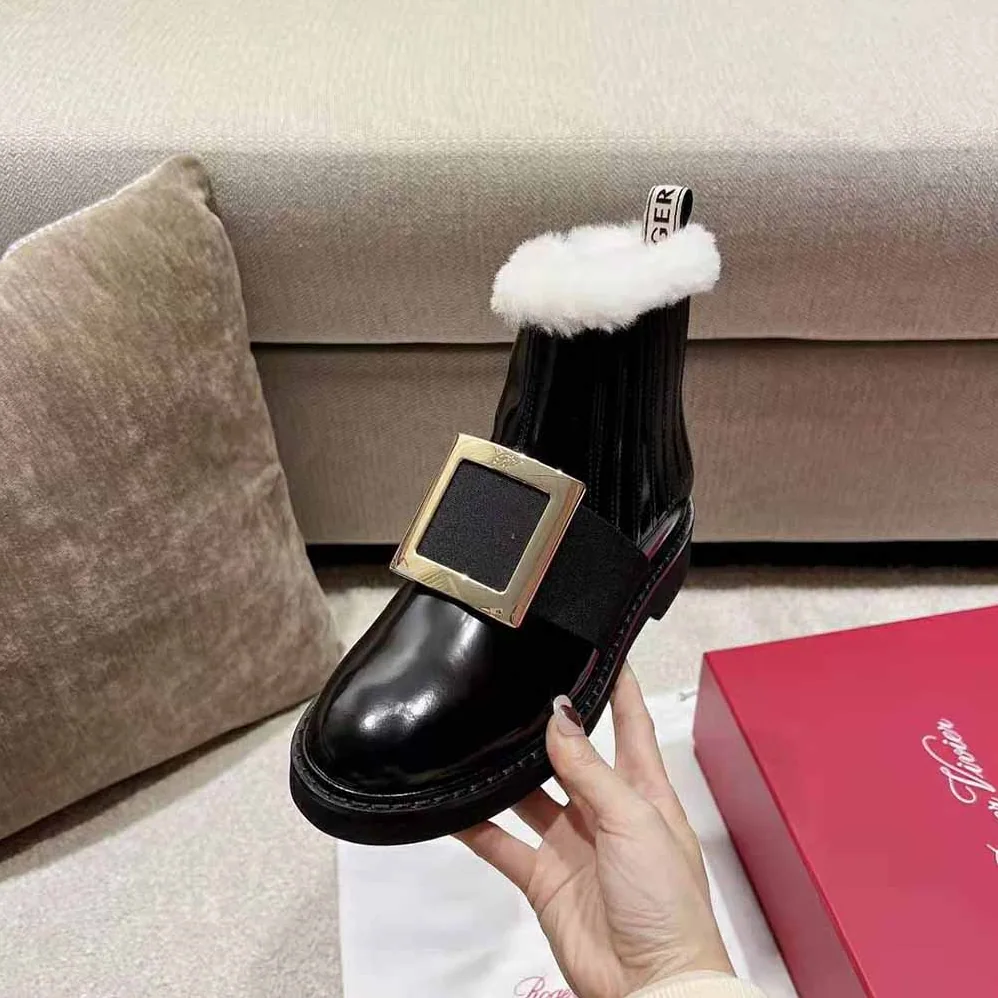 Roger Vivier Viv' Rangers Metal Buckle Fur Booties in Patent Leather for Women Roger Vivier Viv' Rangers Metal Buckle Fur Booties in Patent Leather for Women