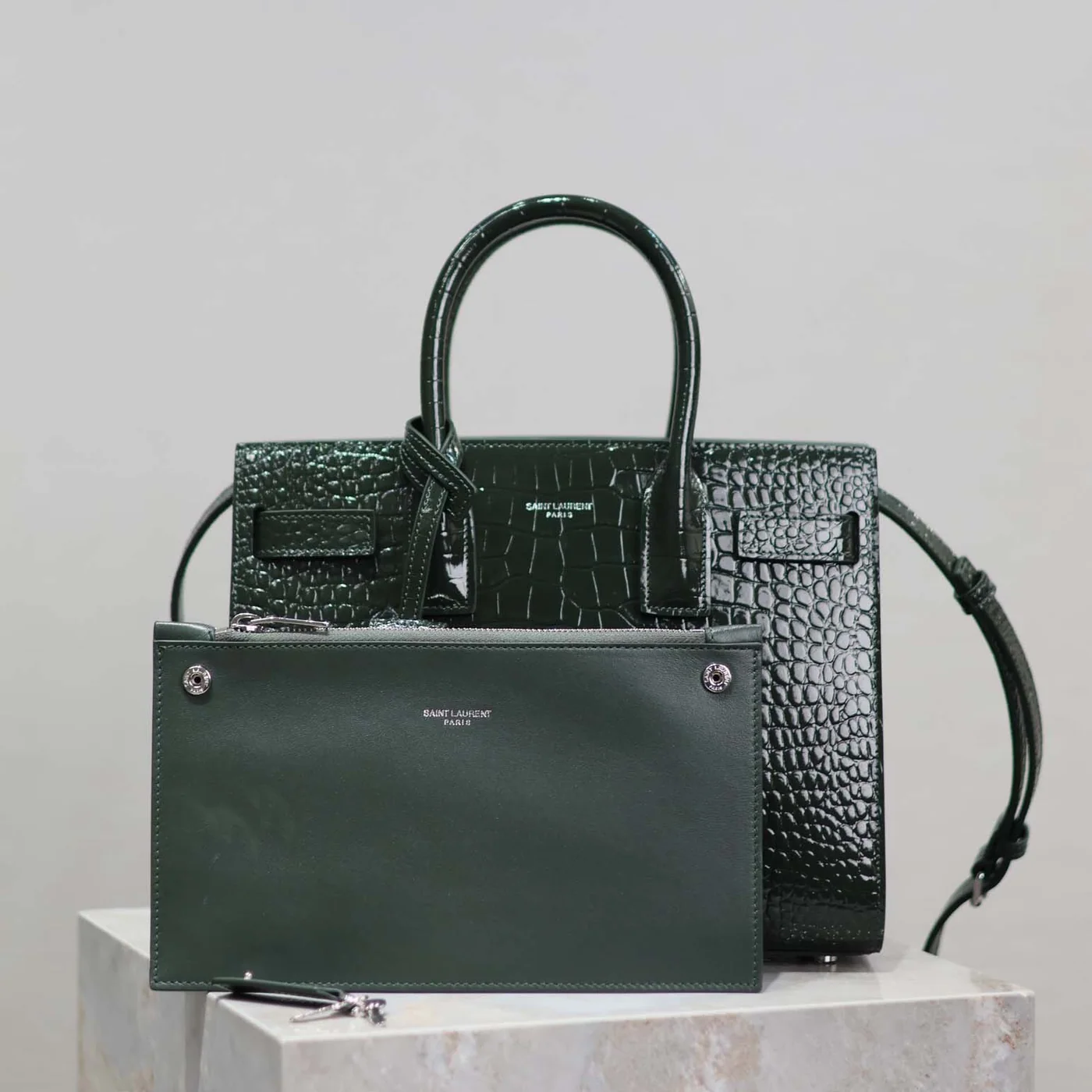 Saint Laurent YSL Sac De Jour in Embossed Crocodile Leather Baby for Women in Dark Green