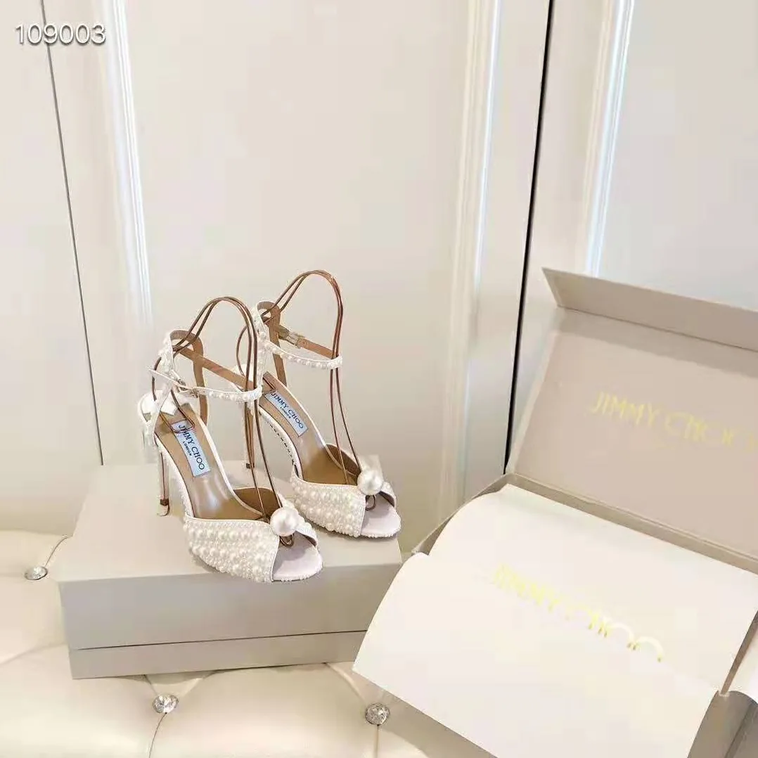 Jimmy Choo SACORA 100 White Satin Sandals with All Over Pearls for Women Jimmy Choo SACORA 100 White Satin Sandals with All Over Pearls for Women