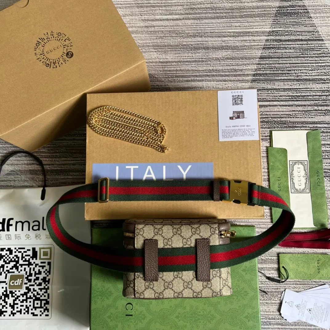 Gucci Ophidia Belt Bag With Web Beige/Ebony Soft GG Supreme Canvas /