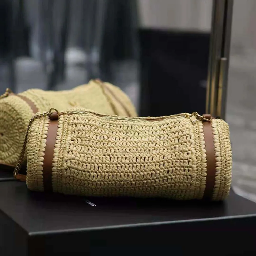 Saint Laurent YSL Cassandre Small Cylindric Bag in Raffia and Vegetable for Women in tanned Leather Saint Laurent YSL Cassandre Small Cylindric Bag in Raffia and Vegetable for Women in tanned Leather