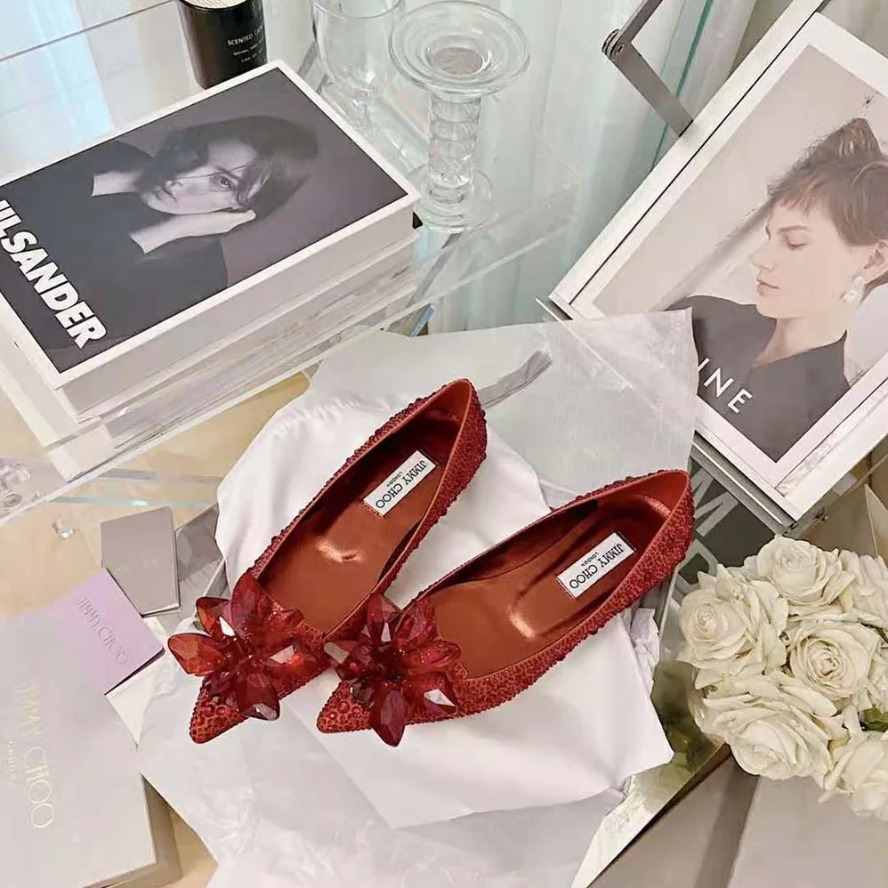 Jimmy Choo Attila Red Crystal Covered Pointy Toe Flats for Women Jimmy Choo Attila Red Crystal Covered Pointy Toe Flats for Women