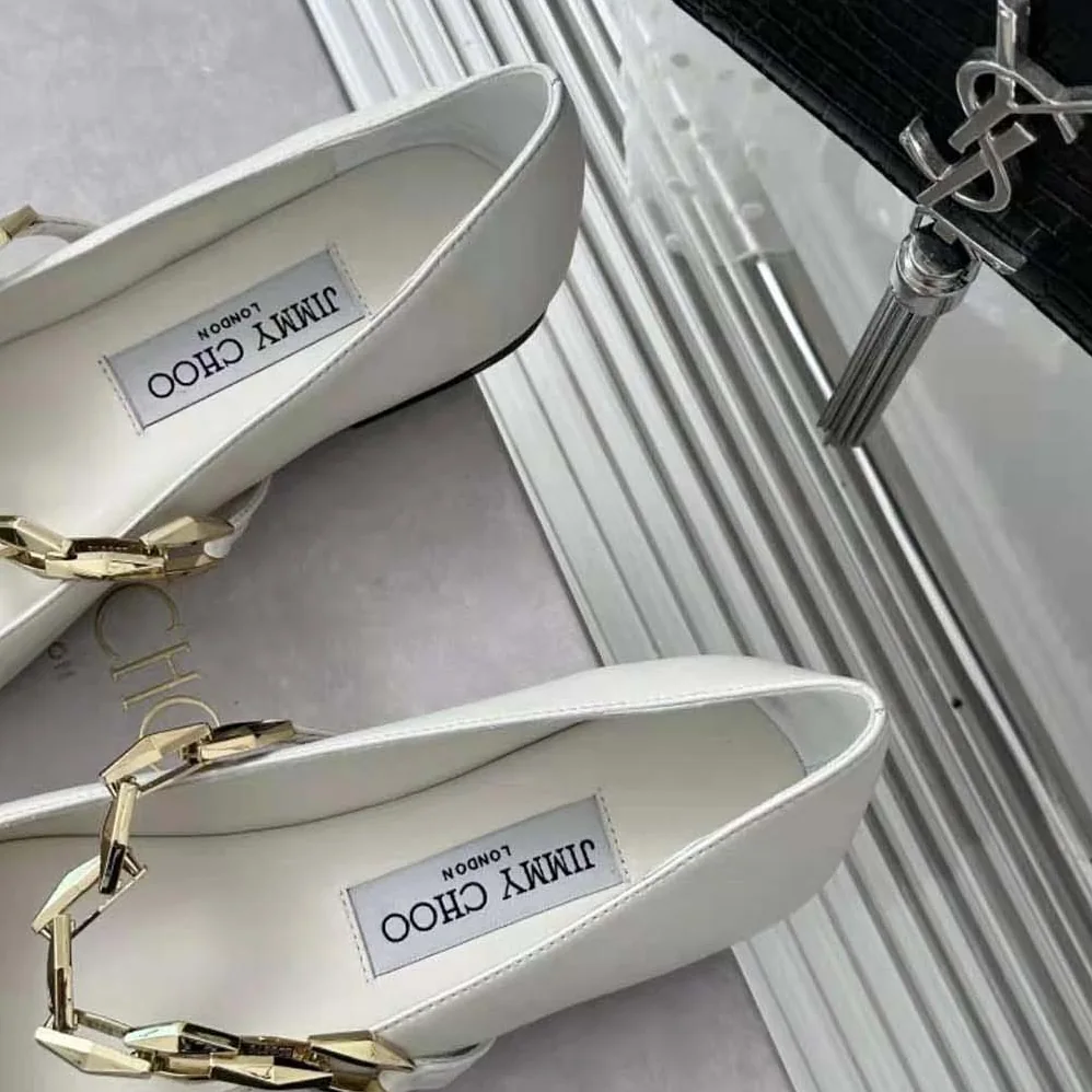 Jimmy Choo Diamond Tilda Flat Black Nappa Leather Flats with Chain for Women in White
