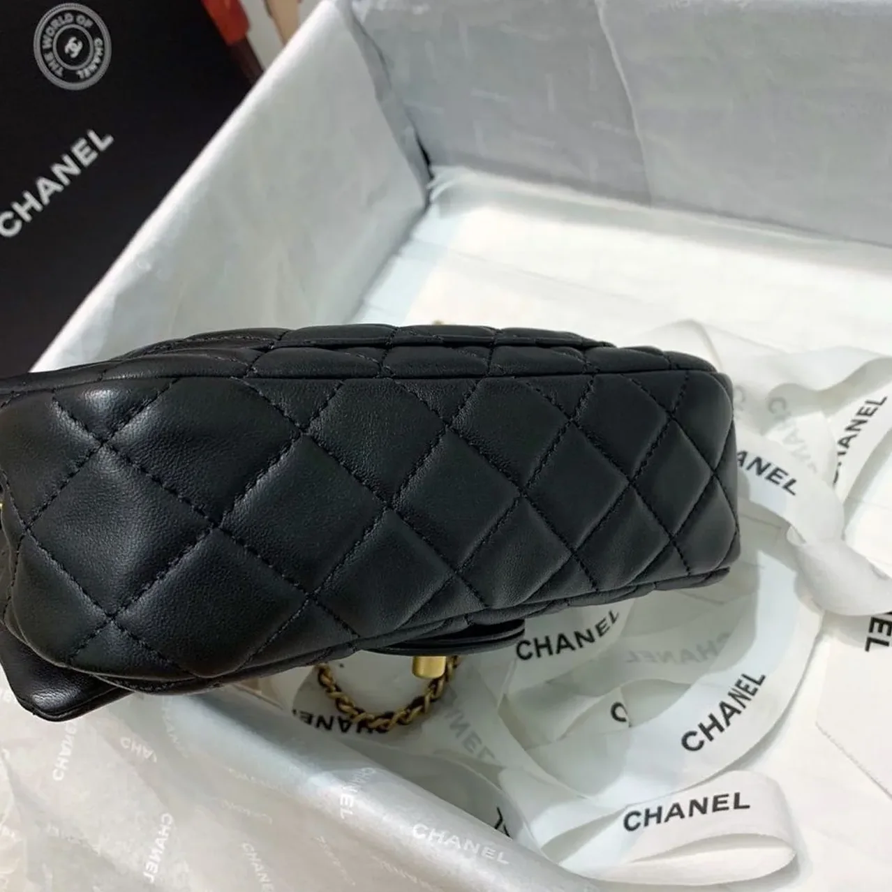 Chanel Flap Bag With CC Ball On Strap Small Crossbody in Black Gold Hardware