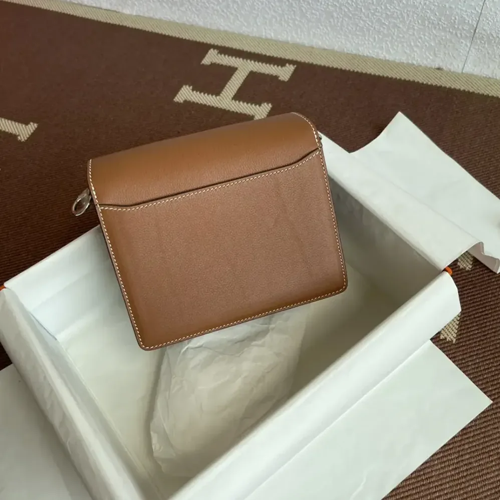 Hermes Roulis Mini Bag in Evercolor Calfskin for Women in Brown/Silver Hermes Roulis Mini Bag in Evercolor Calfskin for Women in Brown/Silver