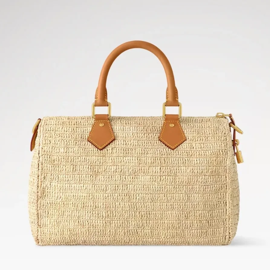 Louis Vuitton Speedy 30 Bandouliere Top Handle Bag / Natural Beige Raffia Gold Hardware