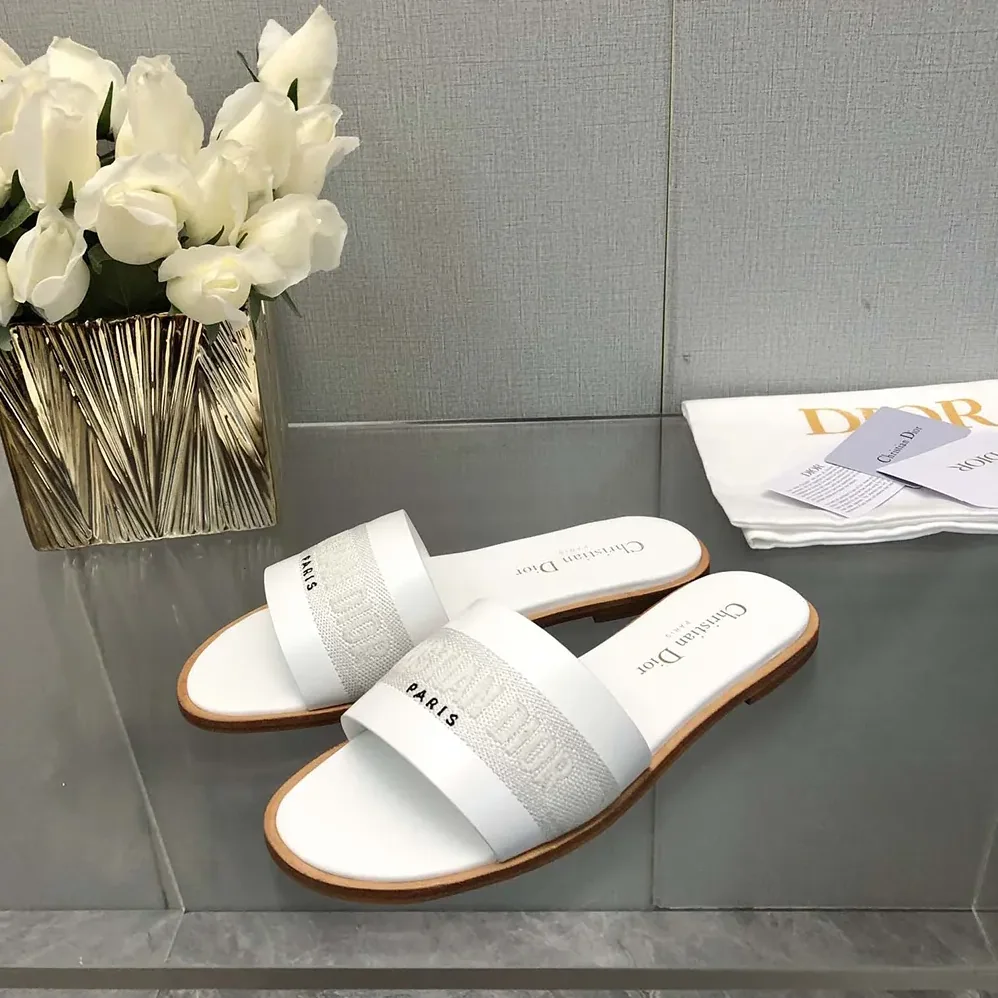 Dior Dway Slide White Calfskin and Embroidered Cotton for Women Dior Dway Slide White Calfskin and Embroidered Cotton for Women