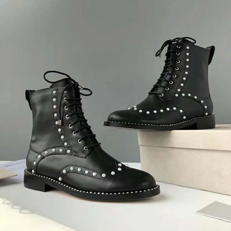 Jimmy Choo Shoes Hanah Flat Black Smooth Leather Boots with Pearl Detailing for Women Jimmy Choo Shoes Hanah Flat Black Smooth Leather Boots with Pearl Detailing for Women