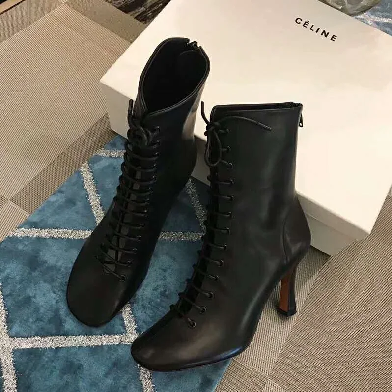 Celine Shoes Glove Bootie Laced Ankle Boot In Nappa Lambskin 90mm Heel for Women in Black Celine Shoes Glove Bootie Laced Ankle Boot In Nappa Lambskin 90mm Heel for Women in Black