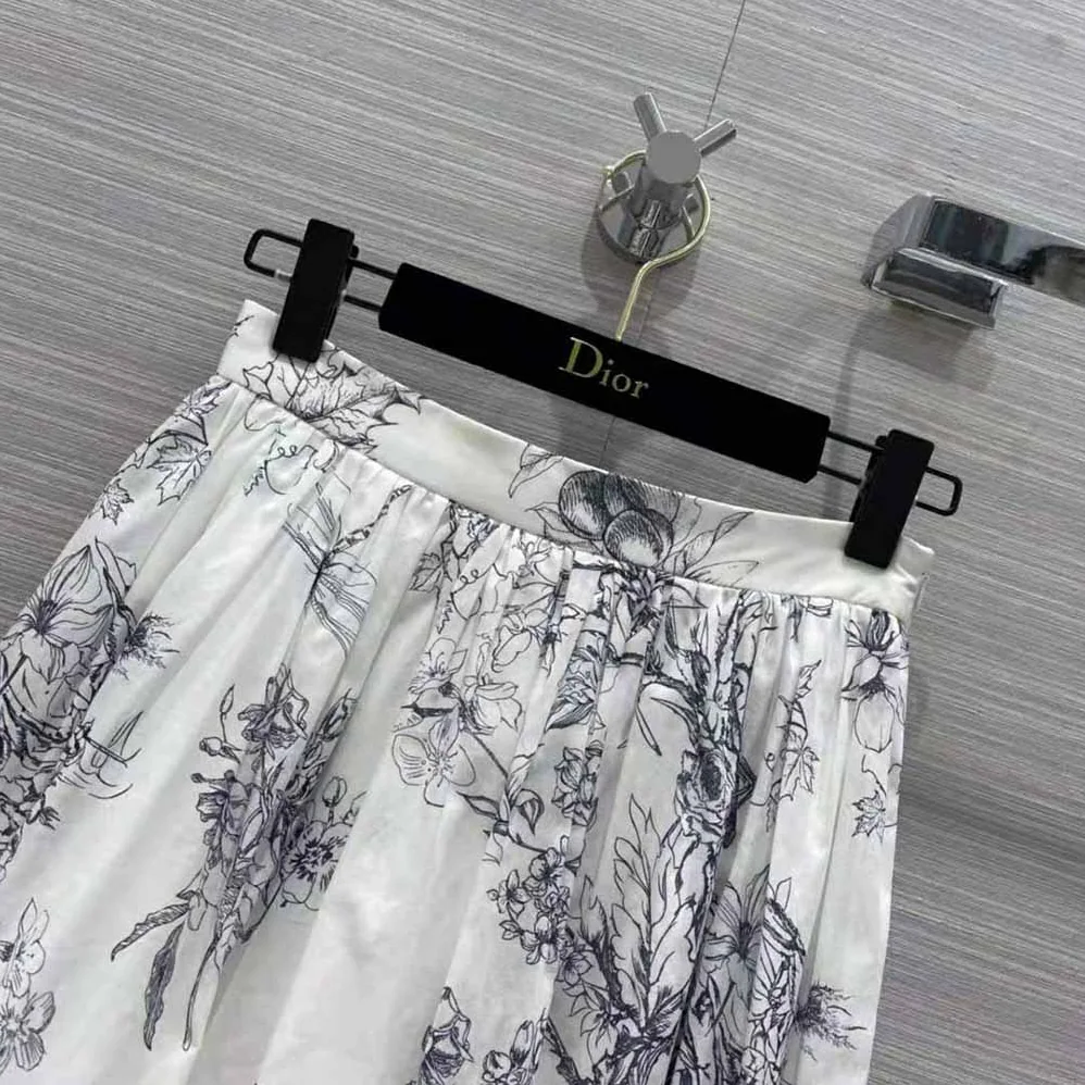 Dior Mid-Length Skirt Navy Blue Cotton Muslin with Toile de Jouy Flowers Motif for Women