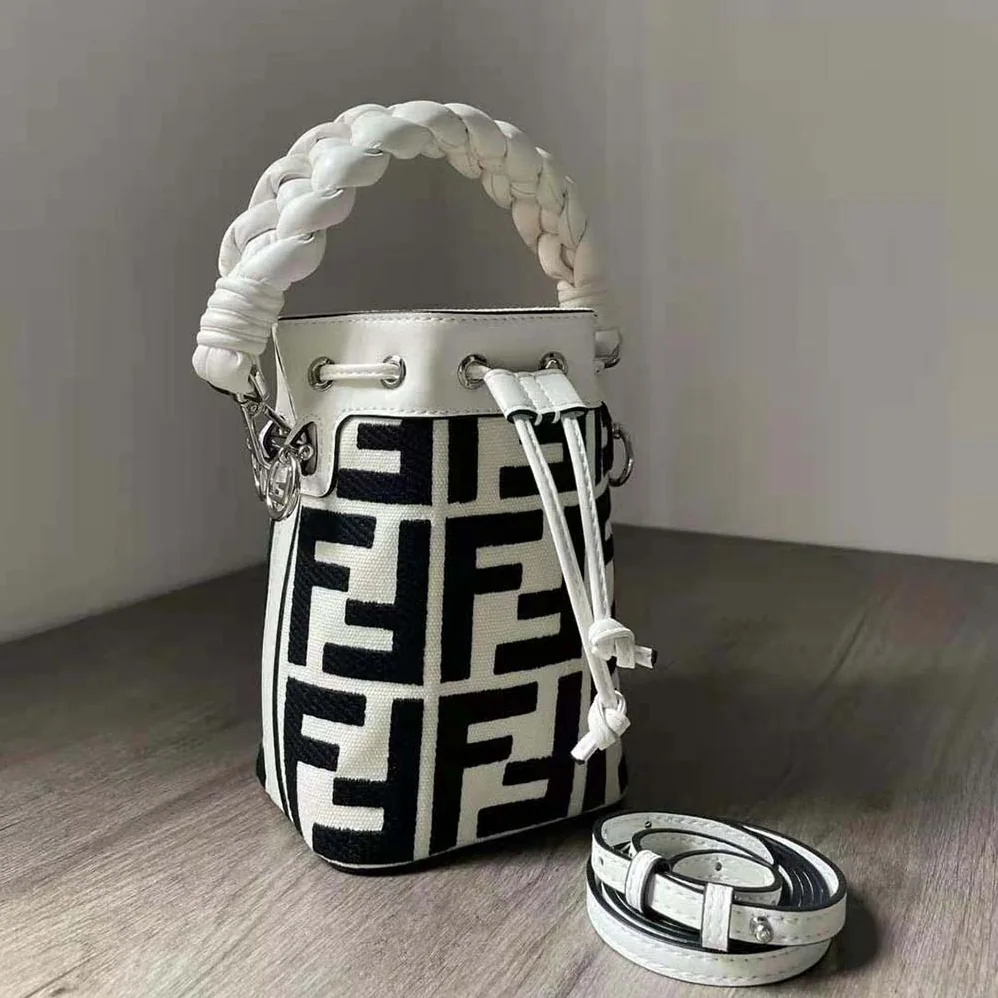 Fendi Mon Tresor Black and White Canvas Mini for Women in bag with FF Embroidery